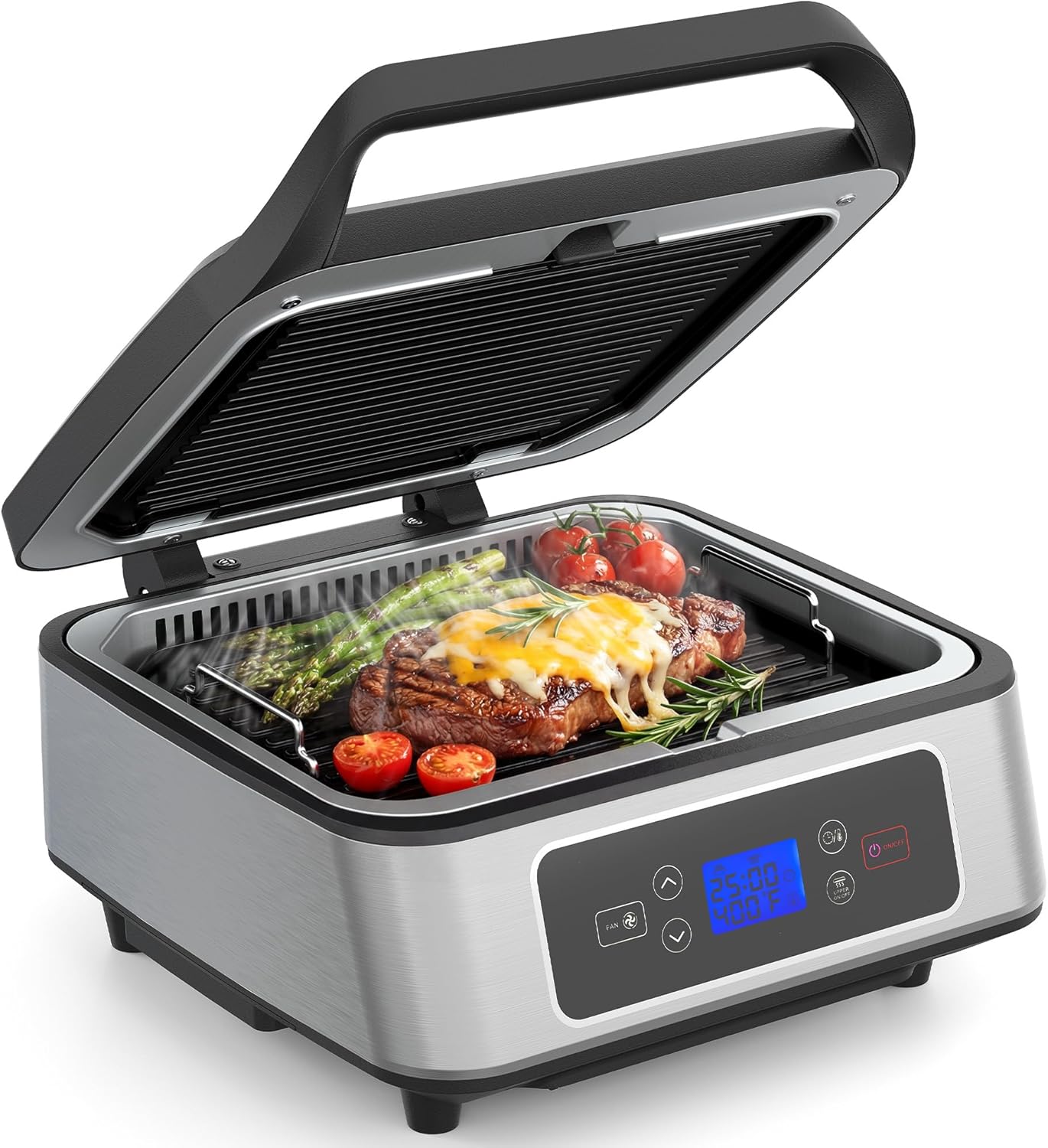Sunvivi Indoor Grill, 1300W Smokeless Grill Indoor with Auto-Lift, Electric Griddle Nonstick with Removable Plates, Independent Upper Heating, Smart Time & Temperature Control, Easy to Clean and Store