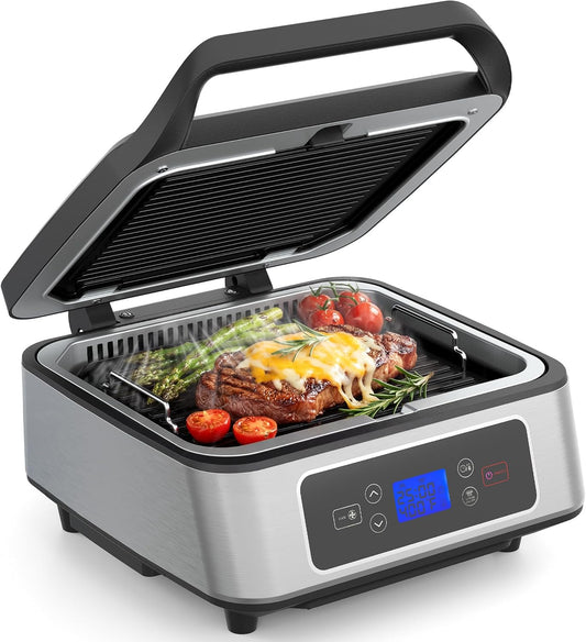 Sunvivi Indoor Grill, 1300W Smokeless Grill Indoor with Auto-Lift, Electric Griddle Nonstick with Removable Plates, Independent Upper Heating, Smart Time & Temperature Control, Easy to Clean and Store