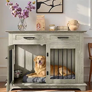 44.48" Large Dog Crate Furniture, Wooden Dog Kennel with 2 Storage Drawers & Rotating Bowls, Indoor Heavy Duty Dog Cage for Medium Dogs, Decorative Pet Side End Table, Gray