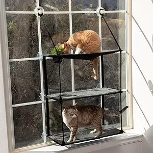 K&H Pet Products EZ Mount Window Kitty Sill Cat Perch with Cat Grass Grow Station Triple Stack Gray 23 X 12 Inches