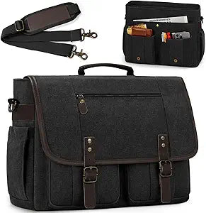 RAINSMORE Mens Messenger Bag 17-17.3 Inch Vintage Canvas Briefcase Water-resistant Large Computer Laptop Bag Rugged Satchel Shoulder Bag for Work Travel, Bookbag for College