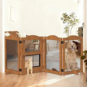 Freestanding Pet Gate with Cat Door, Wooden Pet Barrier Gate with Walk Through Door, Folding Indoor Dog Gate and Playpen, Used for Stairs, Doorways and Hallway