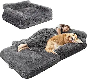 Foldable Human Dog Bed for Adults, Fluffy Human Sized with Blanket, Orthopedic Washable Dog Bed with Memory Foam and Water Repellent Liner for Pet (Grey, 72 * 44 * 10 inch)