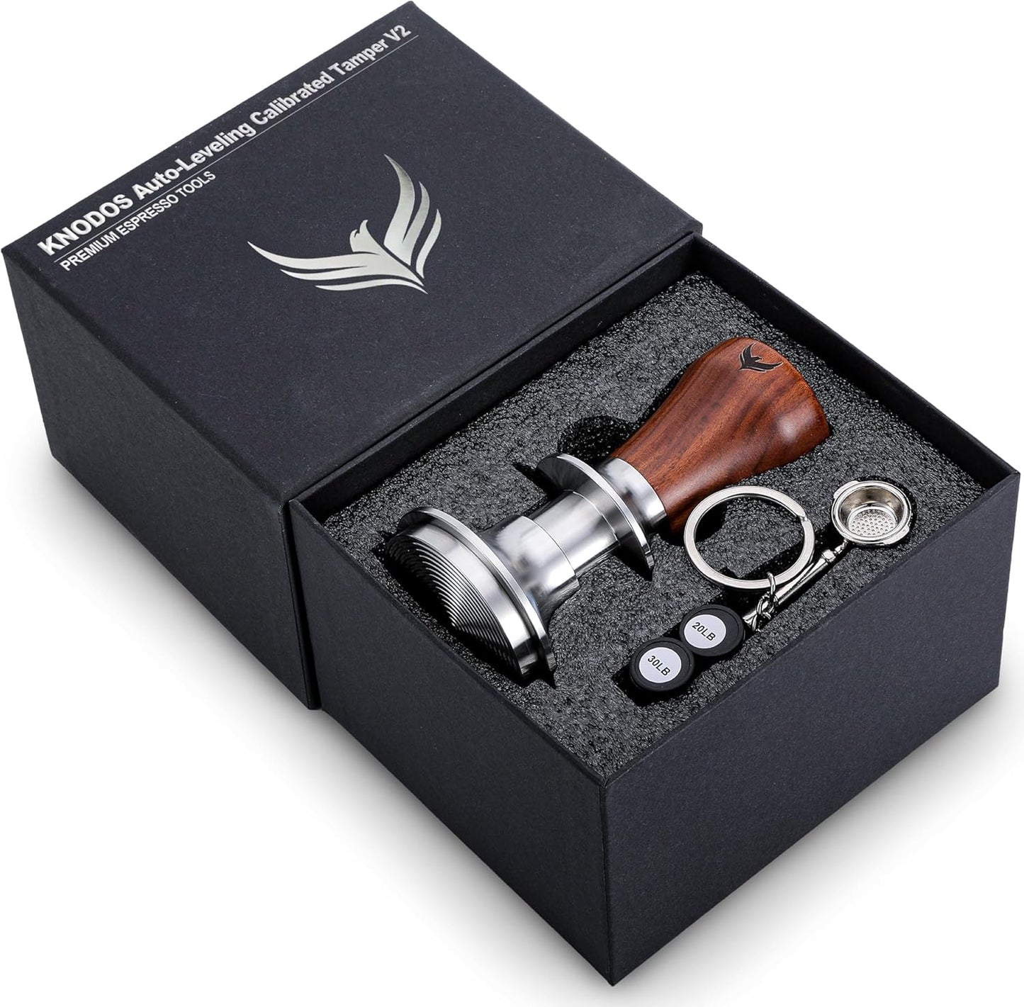 54mm Espresso Tamper for Breville Machines Rosewood KNODOS Auto Leveling, Double Spring Loaded Wooden 30lb Calibrated Coffee Tamper