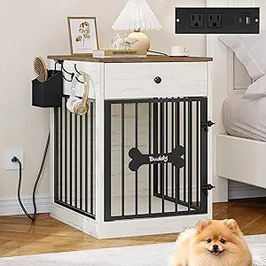 24'' Dog Crate Furniture with Charging Station, Dog Kennel Indoor with Flip-Top Storage, Wooden Pet Cage Dogs House End Side Table for Small Dogs Anti-Chew Anti-Escape, White Brown DFC90114B