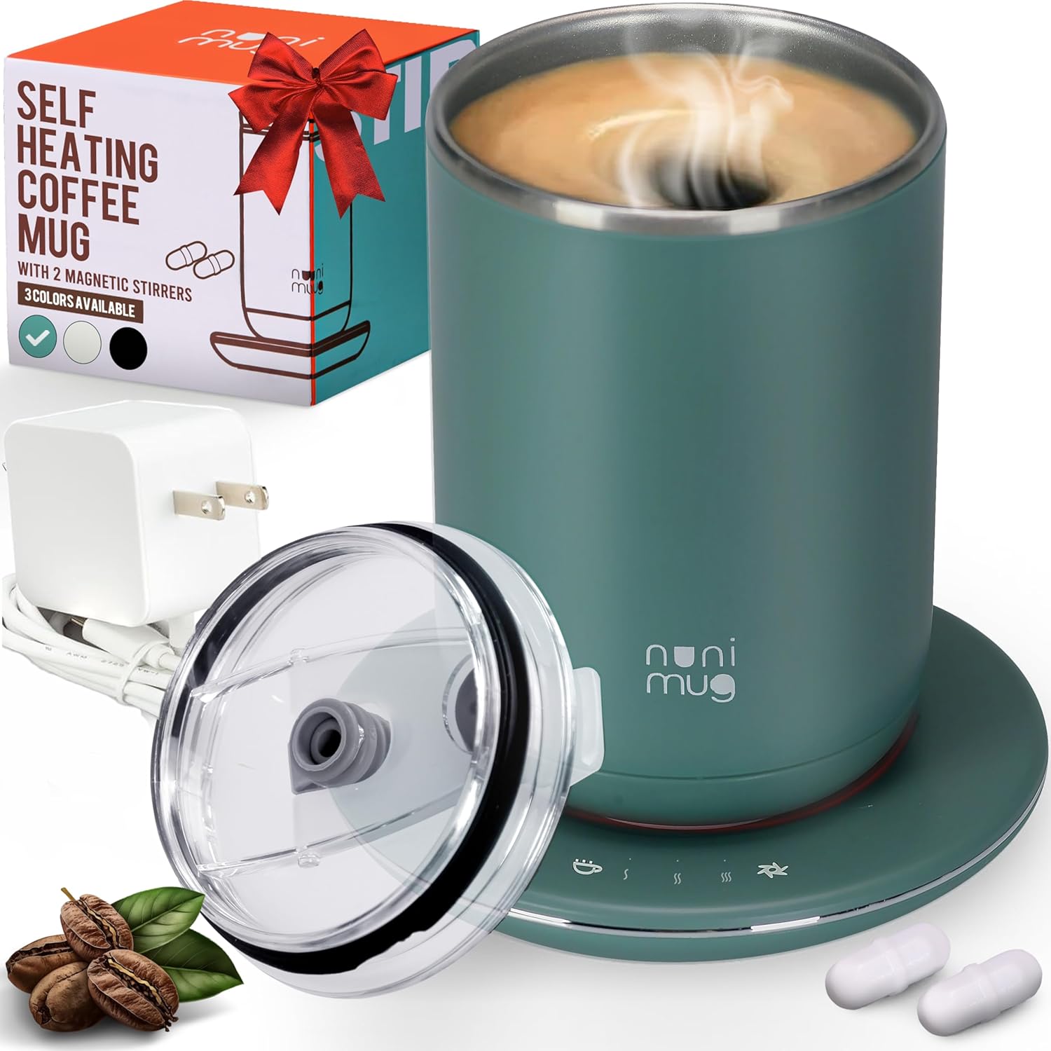 Self Stirring Coffee Mug - 10 Oz No Batteries Smart Dual Function 3 Temperature Levels Control to Stir & Heat Beverages - Powerful 12V Electric Cup in a Gift Box (Green)