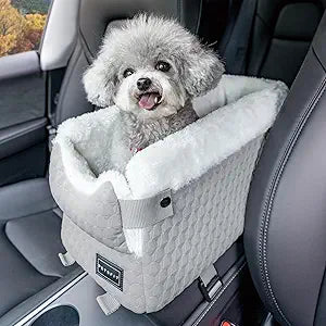 PETSFIT Dog Car Seats for Small Dogs with Safe Protection Hooks, Small Dog Car Seat with Upgraded Safety Tethers, Washable Cushion, Center Console Dog Car Seat for Pets Under 8 Lbs (Light Grey)