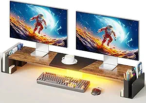 WESTREE Dual Monitor Stand Riser with Drawer, 3 Shelf Computer Monitor Riser with Adjustable Length and Angle, Desktop Monitor Stand Riser Storage Organizer for 2 Monitors (Brown)