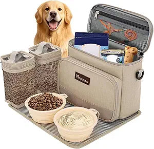 Modoker All-in-One Dog Travel Bag Airline Approved Pet Cat Tote Organizer for Weekend Trips, 2 Bowls, 2 Food Containers & Feeding Mat