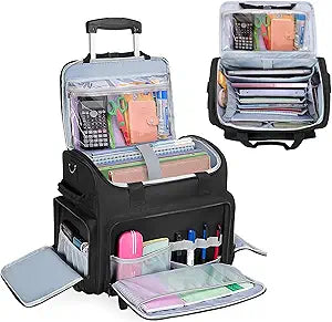 CURMIO Rolling Teacher Bag with Wheels, Teacher Rolling Cart, Rolling Briefcase with Accordion Organizer and 15.6" Laptop Sleeve for School or Work, Black(Patented Design)