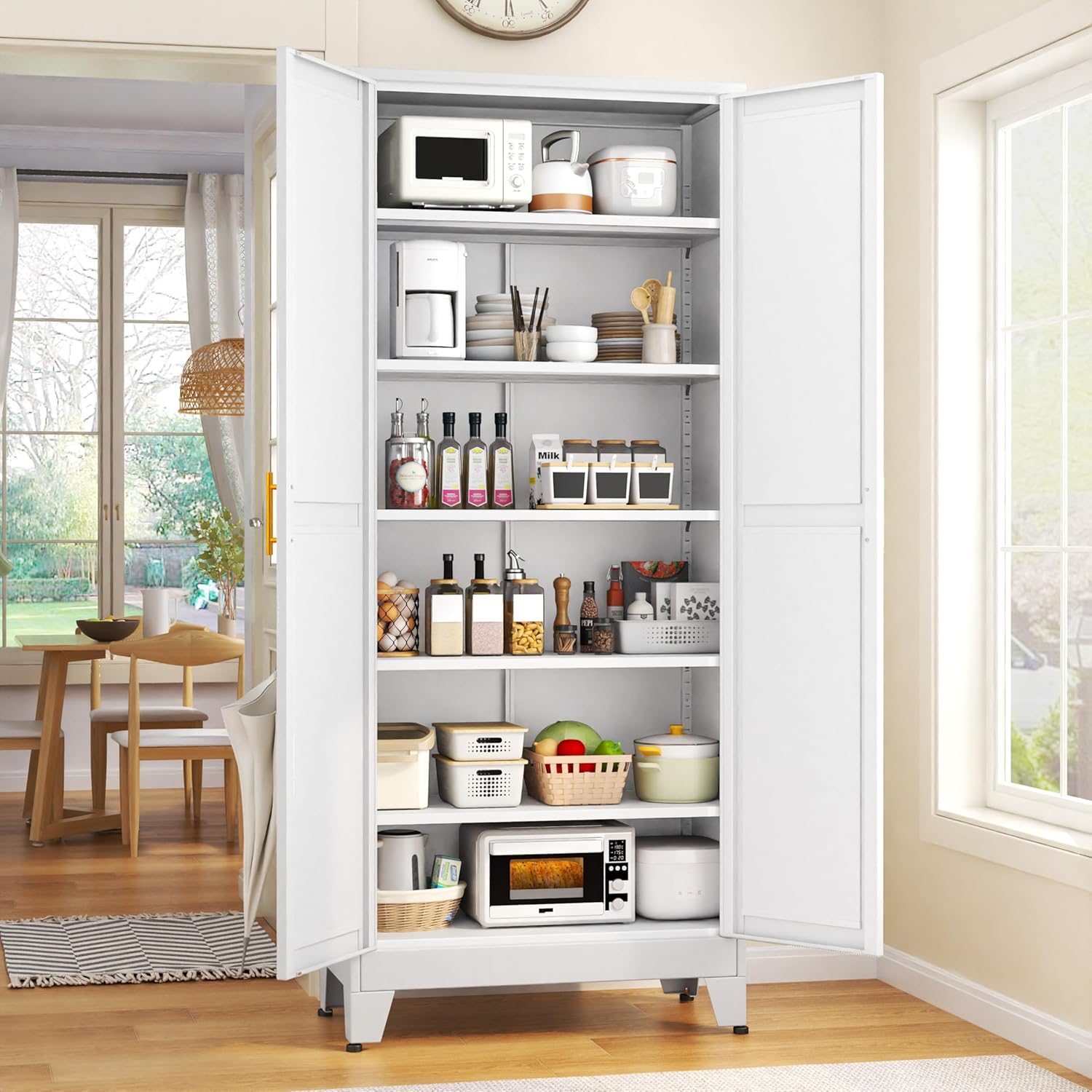 GAIOUS 75.2" Tall Metal Kitchen Pantry Storage Cabinets with 2 Door and 5 Adjustable Shelves, Cupboard for Kitchen, Dining Room, Living Room and Bathroom, White