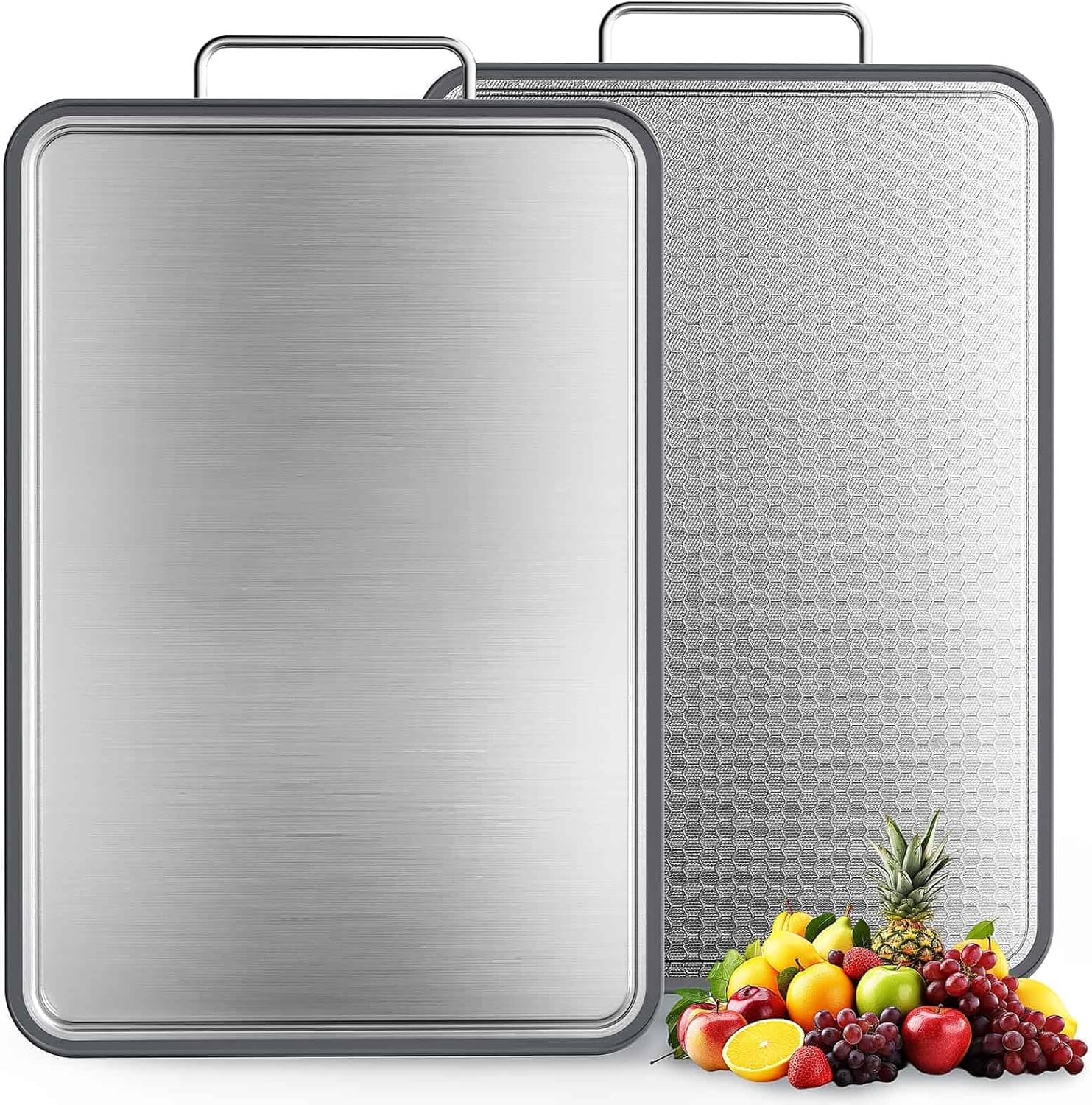INZOO Double-Sided Stainless Steel Cutting Board for Kitchen, 17''×11'' Scratch-Resistant Cutting Board for Meat, Vegetables & Fruits, Rust-Resistant Chopping Board with Juice Groove on Both sides