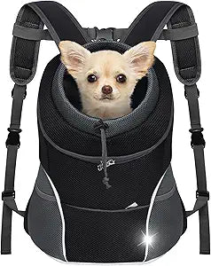 YUDODO Dog Front Carrier Backpack, Adjustable Breathable Pet Carrier for Small Dogs Cats, Ventilated Puppy Back Pack with Safety Belt, Lightweight Doggy Backpack for Hiking Outdoor (Black, M)