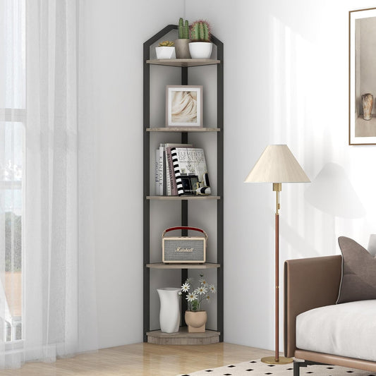 Fun Memories 5 Tier Corner Shelf, 70\u201D Corner Shelf Stand, Corner Bookshelf Plant Stand, Storage Shelf for Bathroom, Living Room, Kitchen,Grey Home Office, Grey