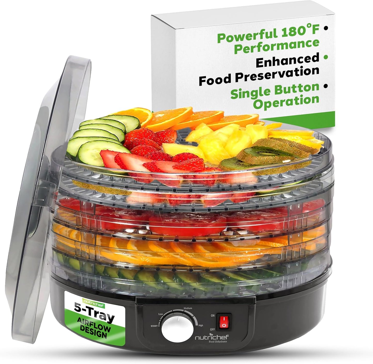 NutriChef Electric Countertop Food Dehydrator - Professional Multi-Tier Food Preserver - Dehydrates Fish, Meats, Mushrooms, Fruits & Vegetables - 5 Easy to Clean Stackable Trays., One Size, Black