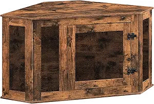 Corner Dog Crate Furniture, Wooden Dog Kennel End Table, Decorative Pet Crate Indoor Use, Furniture Style Dog House for Small Medium Dog, Dog Cage TV Stand, Rustic Brown DCRB0801