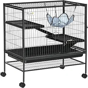 PawHut Small Animal Cage with Wheels, Pet Playpen for Rat, Syrian Hamster, Kitten, Ferrets, Chinchillas with Bottom Storage Shelf, Removable Tray, Ramp, 31.5" x 20.5" x 33.1"