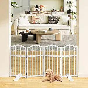 Snughome Dog Gate Indoor, 23.62" H Freestanding Dog Door Gates with Support Feet, Expands Up to 48â€™â€™ Wide Foldable Pet Gates for Doorways Hallways, 4 Panel Folding Pet Door Pet Fence for Puppy, White