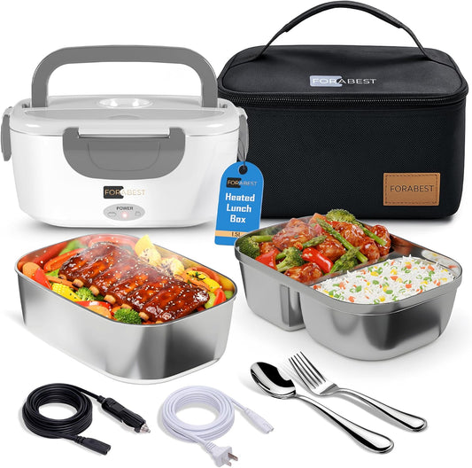 FORABEST Heated Lunch Box, 80W Electric, Portable Food Warmer with 2 Stainless Steel Containers 1.5L, Utensils, Carry Bag & Leakproof Lid, 12V\/24V Car\/Truck & 110\/120V Home\/Office (White Gray)
