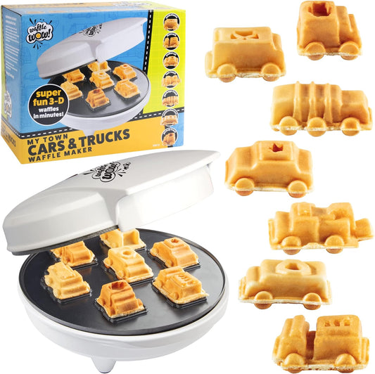 Cars & Trucks Mini Waffle Maker - Make 7 Different Vehicles- Police Car Firetruck Construction Truck & Automobile Shaped Pancakes- Electric Nonstick Iron w Recipe Guide, Breakfast Fun for Kids Adults