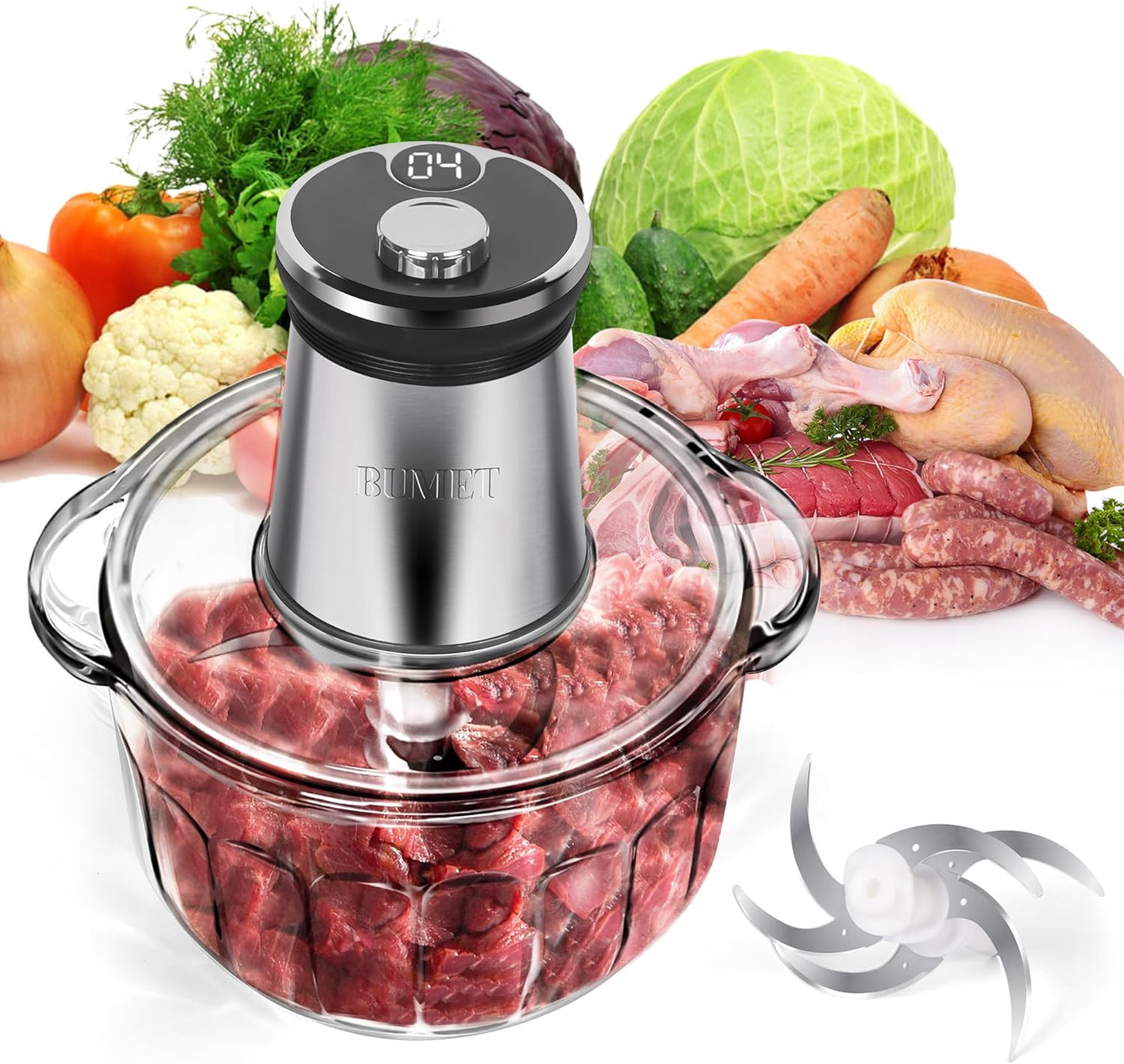 16 cup glass bowl 850W Electric Food Processor,LED timer. 3-Tiered 6 Cutting Edges blade for mincing, chopping,Ideal as meat grinder,fresh vegetables chopper,pet food process in kitchen.