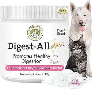 Wholistic Pet Organics Probiotics for Dogs with Digestive Enzymes & Prebiotic Fiber - 4 Oz - Daily Cat & Dog Probiotics for Digestive Health, Anti Diarrhea & Gut Support - Cat Probiotic - 113 Scoops