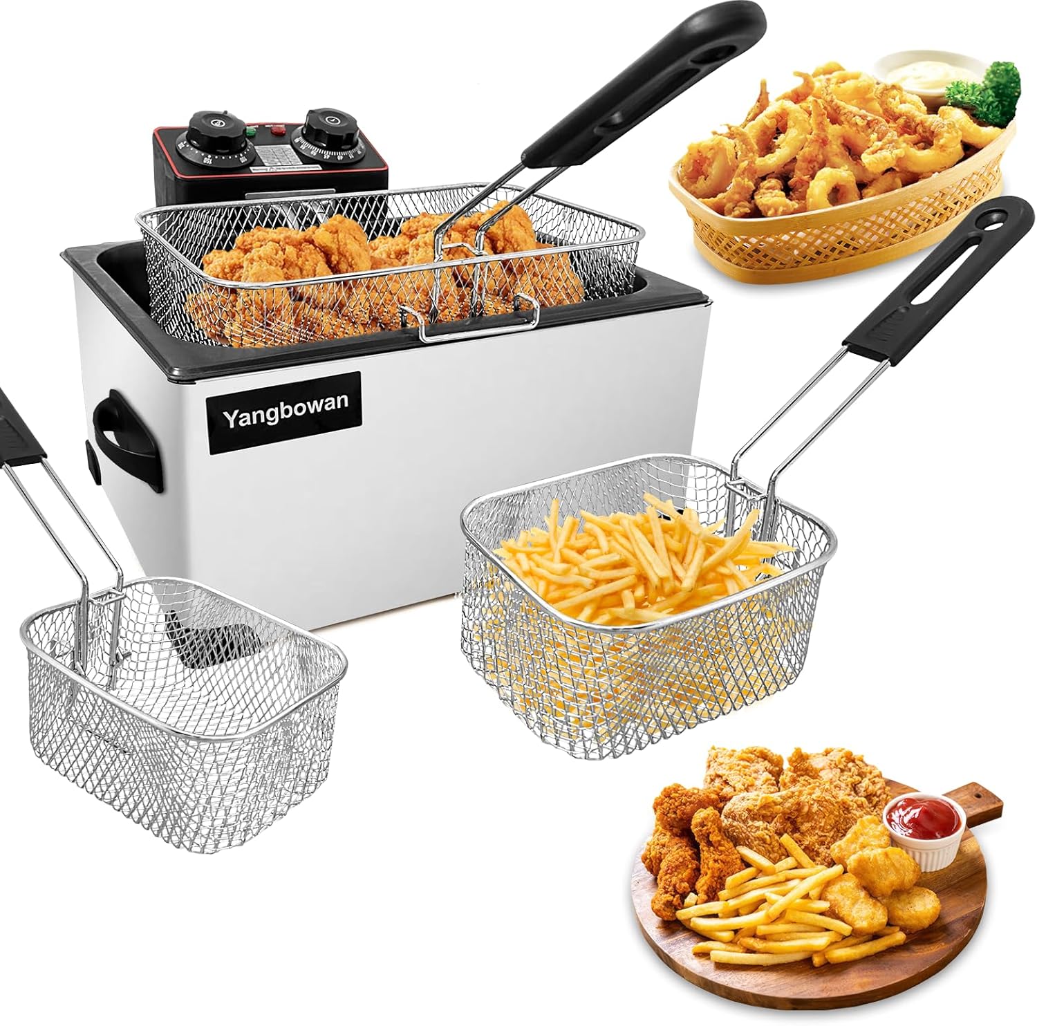 5L 1300W Deep Fryer with 3 Baskets, Yangbowan Electric Deep Fryer for Home Use, with Time & Temperature Control, Stainless Steel Lid with Viewing Window and Perfect for Kitchen, Fish Fry