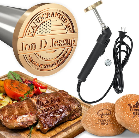 Terwex Custom Electric Branding Iron for Burger, Logo Branding Irons Personalized for Food Cake Bread BBQ Meat Coconut, Temperature-Controlled Brass Letters Burning Stamp, BBQ Gifts Grill Accessories