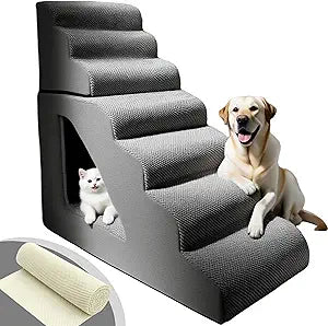 7 Step Pet Stairs Ramp for High Beds Sofas 22-42 Inch, Non-Slip Dog Stairs for Small Old Medium Large XL Dogs Cats, Sturdy 75 Pounds 33D Foam Balanced 6-Tier Ladder with Machine Washable Cover