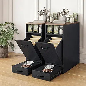 DWVO 30.6" Dog Feeding Station with Storage, Tilt-Out Dog Food Cabinet with 4 Feeder Bowls, Pull Out Elevated Dogs Bowl, Black