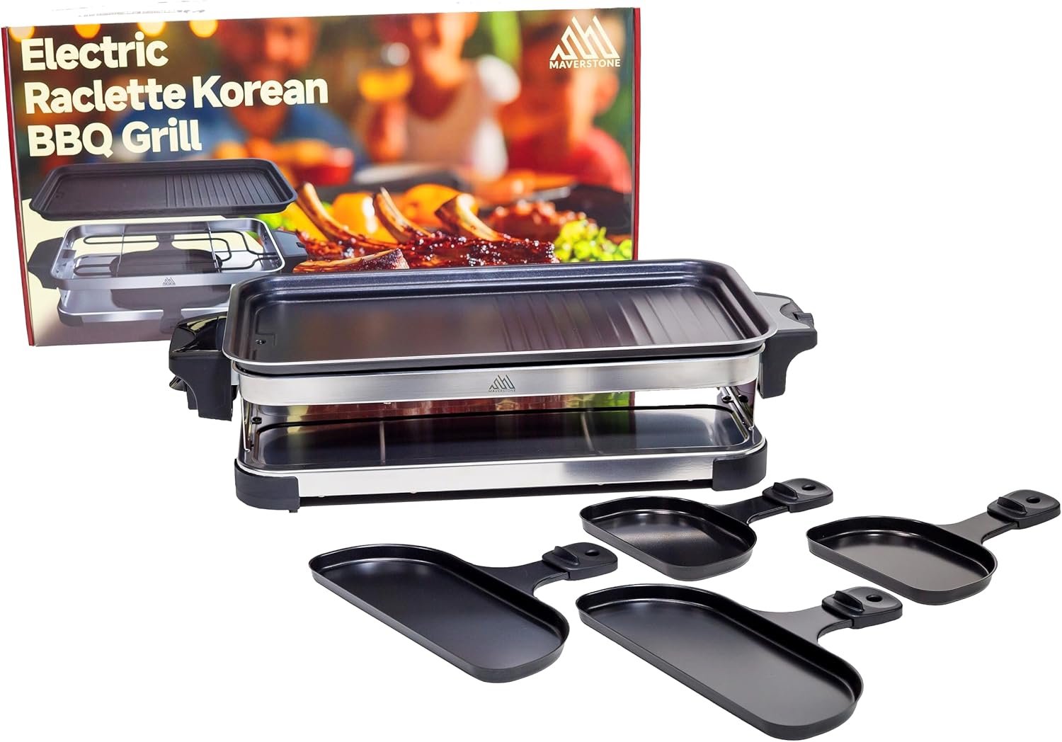 Raclette Grill – Smokeless Indoor Electric Table Top Griddle with 1600W Fast Heating Dual-Zone Cooking - Stainless Steel - Easy Clean Nonstick Surface