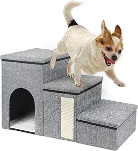 petizer Dog Stairs for Small Dogs, Foldable Pet Stairs for Couch/Bed with Storage Box, Condo and Cat Scratcher, Adjustable Non-Slip Dog Steps for Puppy, Cats, or Small (3-Step,17" H)