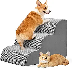 DUMOS Dog Stairs Ramp for Small Dogs and Cats, 3-Step Curved Pet Dog Steps with High-Density Foam for Puppy and Older Cats, Indoor Non-Slip Pet Ladder Ramp Stairs for Couch, High Beds, Sofa, Car, Grey