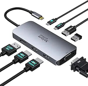 USB C Docking Station Dual HDMI Monitor Adapter, Selore USB C Hub 3 Monitors with Dual HDMI, Displayport, VGA, 100W PD Charging, 3USB 2.0 Ports Adapter for Dell XPS, HP, Lenovo, etc