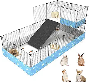 2-Story Guinea Pig Cages with Tarp, Large C&C Loft Cage for Rabbit Bunny Puppy Small Animal Indoor Dog Playpen Pet Exercise Enclosure, 25 Panels
