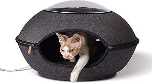 K&H Pet Products Thermo Lookout Pod Heated Cat Bed for Indoor Cats or Small Dogs, Covered Warming Bed Cave for Large Kitties, Washable Cushion, Collapsible, Safety Listed - Round 22in Classy Gray 4W