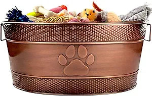 BREKX Indestructible Metal Dog Toy Bin - Copper Galvanized Storage Bin with Handles, Puppy Basket for Dog Storage, Blankets, & Leashes, Paw Pet Toy Box (25-Quart)