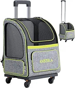 Katziela Wheeled Pet Carrier Backpack - Soft Sided, Airline Approved Hiking Carrying Bag for Small Dogs and Cats â€“ Removable Rolling Wheels â€“ Mesh Ventilation Windows, Storage Pockets (Green/Gray)