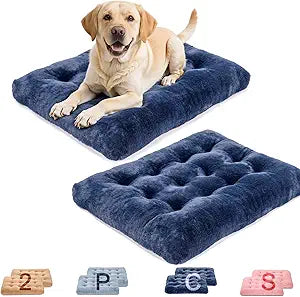 2 Pack Washable Dog Bed, Deluxe Plush Dog Crate Beds with Anti-Slip, Comfy Kennel Pad Pet Sleeping Mat for Large, Medium and Small Dogs (2 Pack x Navy, 35.0" L x 23.0" W x 3.0" Th)