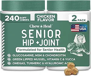Chew + Heal Labs Glucosamine for Dogs Hip and Joint Supplement - 240 Senior Dogs Mobility Soft Chews - Made with Glucosamine, MSM, Chondroitin, Green Lipped Mussels and More - Made in The USA