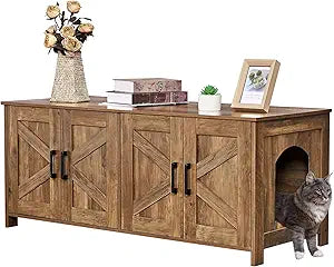 Homhedy Cat Litter Box Enclosure for 2 Cats, Wooden Pet Washroom Furniture with Double Room, Cat House, 47.2â€L x 19.7â€W x 19.7â€H, Rustic Walnut