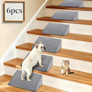 Dog Ramp for Stairs for Small & Senior Dogs and Cats â€“ Non-Slip Stair Wedges for Dogs with Gentle Slope, Pet Ramp with Washable Cover & Self-Sticky Pads for Safe Climbing (Gray, 6 Pack)