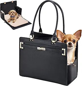 Dog Purse Carrier for Small Dogs, Stylish Foldable Pet Carrier Purse Tote Bag with Washable Cushion & Safety Leash, Airline Approved Puppy Travel Bag with Pockets (Black)