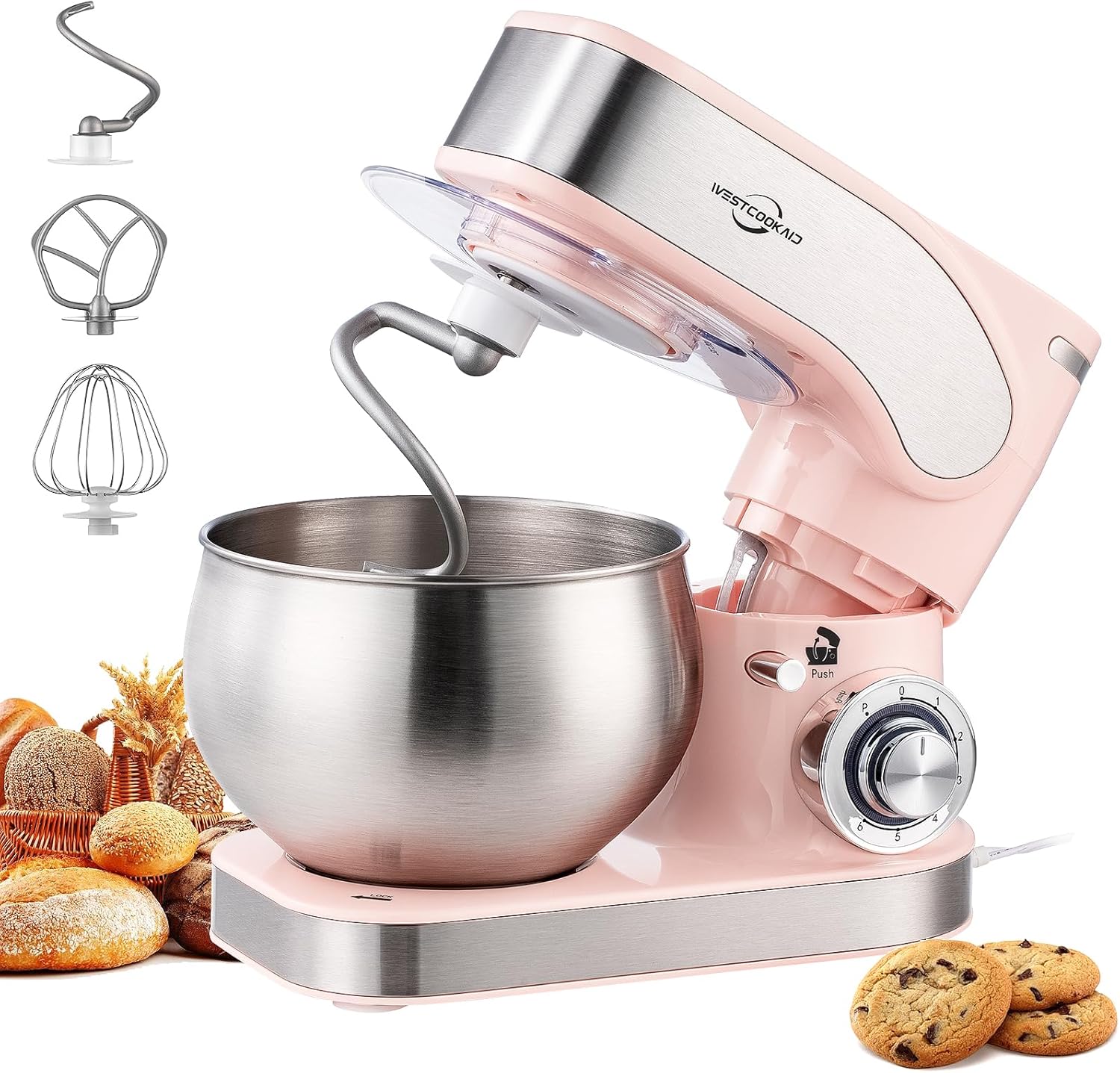 Electric Stand Mixer, 5.3QT Kitchen Mixer, 6+P Speed Tilt-Head Electric Food Mixers with Egg Cream Whisk, Dough Hook, Flat Beater, Bread Dough Mixer for Baking, Pink