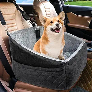 Dog Car Seat for Small Dogs,Detachable Washable Dog Booster Seat Under 30lbs, Pet Car Seat Travel Bed with Storage Pockets and Dog Safety Belt (Black/Grey)
