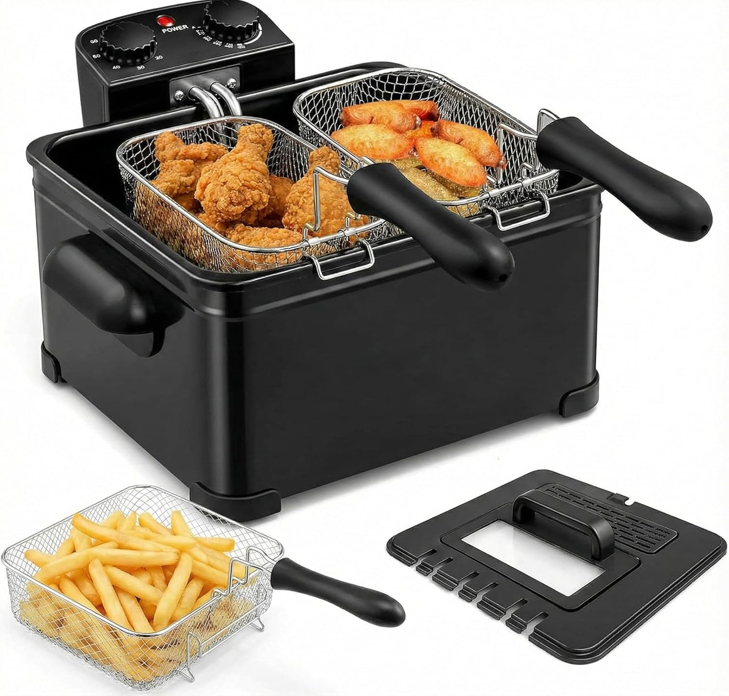 SIMOE 5L Electric Deep Fryer with 3 Baskets and Lid,1700W Countertop Electric Oil Fryer w\/Temperature Control, View Window, Adjustable Timer, Deep Fryer for Home Use