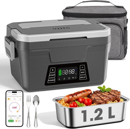 Herrfilk Cordless Electric Lunch Box for Adults with APP Control, 1.2L Portable Heated Lunch Box Battery Powered with Automatic Heating, Self-Heating Food Warmer for Work, 248°F Max, Leak Resistant