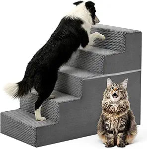 DUMOS Dog Stairs for Medium Dogs, 5-Steps Non-Slip Balanced Extra Wide Indoor Foldable Dog Steps with Density Foam & Washable Cover, Cat Puppy Old Pet Stairs for High Bed, Couch, Sofa - Grey, 27" H