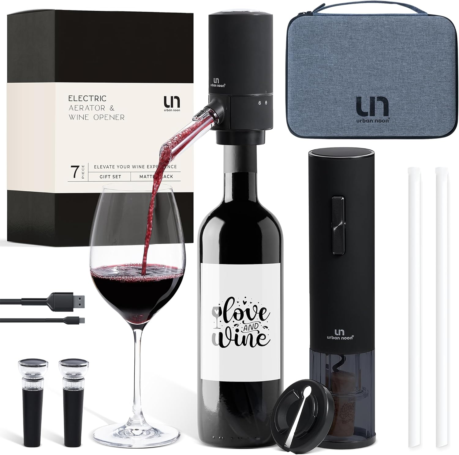 Rechargeable Electric Wine Opener Set with Aerator, Foil Cutter & Vacuum Stoppers \u2013 Automatic Wine Bottle Opener Kit with Portable Case \u2013 7 Piece Wine Gift Set (Black Matte)