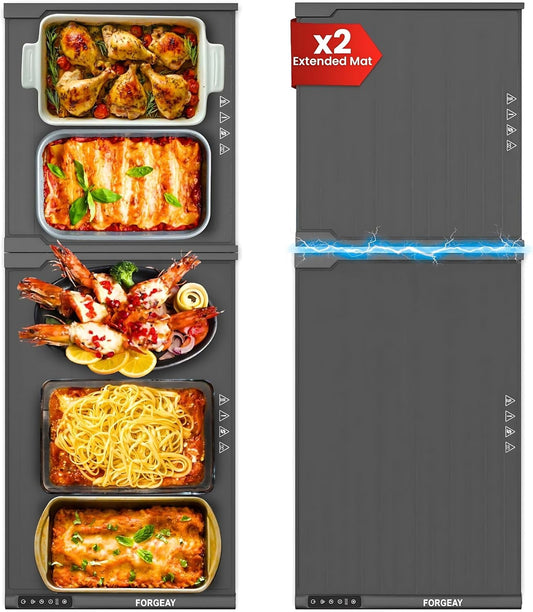 XXL Food Warming Mat for Countertop 42"x16" - Electric Warming Trays for Buffets Party - Extra Large Fast Full-Surface Heating Mat - 2 Piece Extendable Roll-Up Warmers for Food Trays Buffet